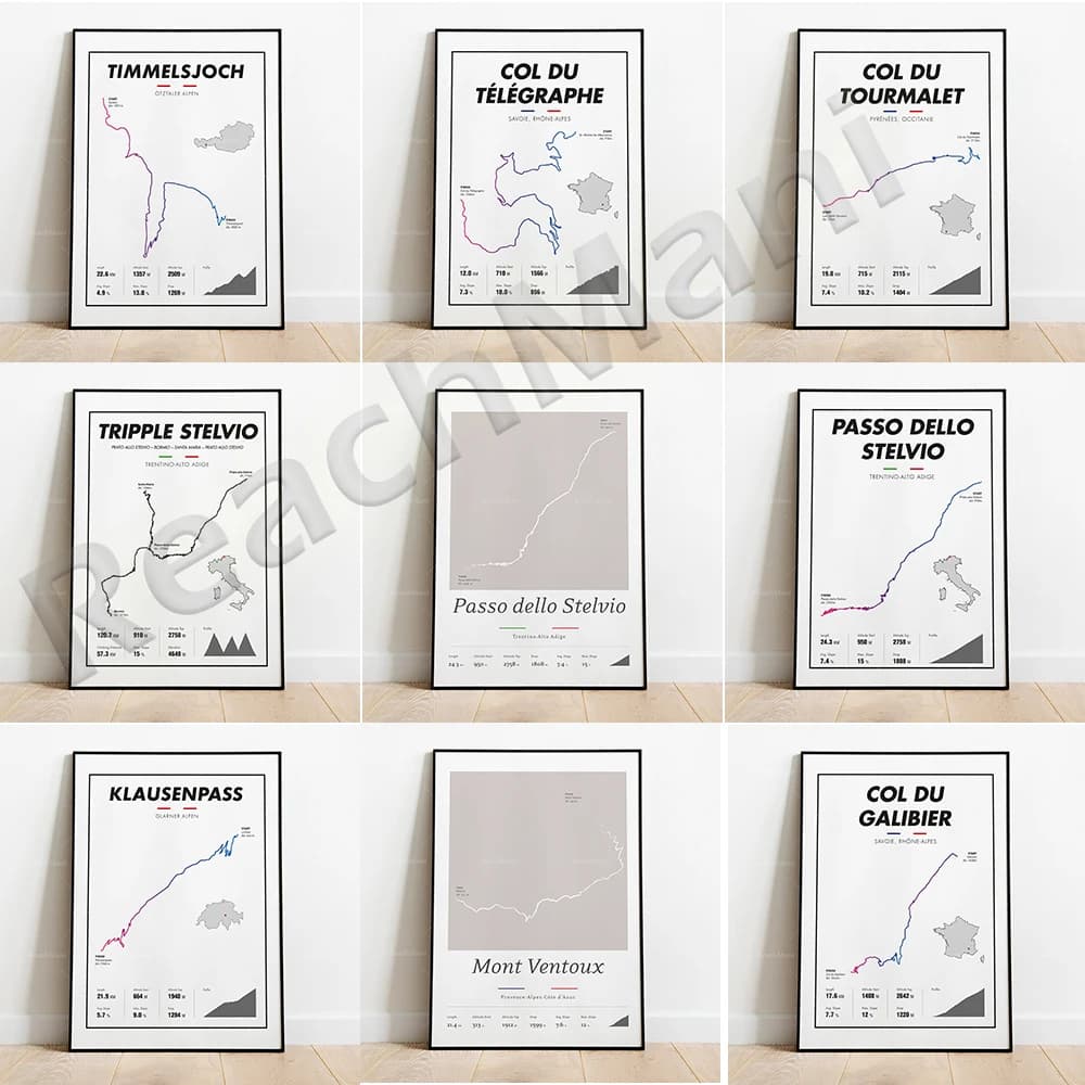 Passo dello Stelvio, Mont Ventoux, Weiss Versch Telegraph Pass, Stelvio Pass posters, souvenirs and gifts for active cyclists