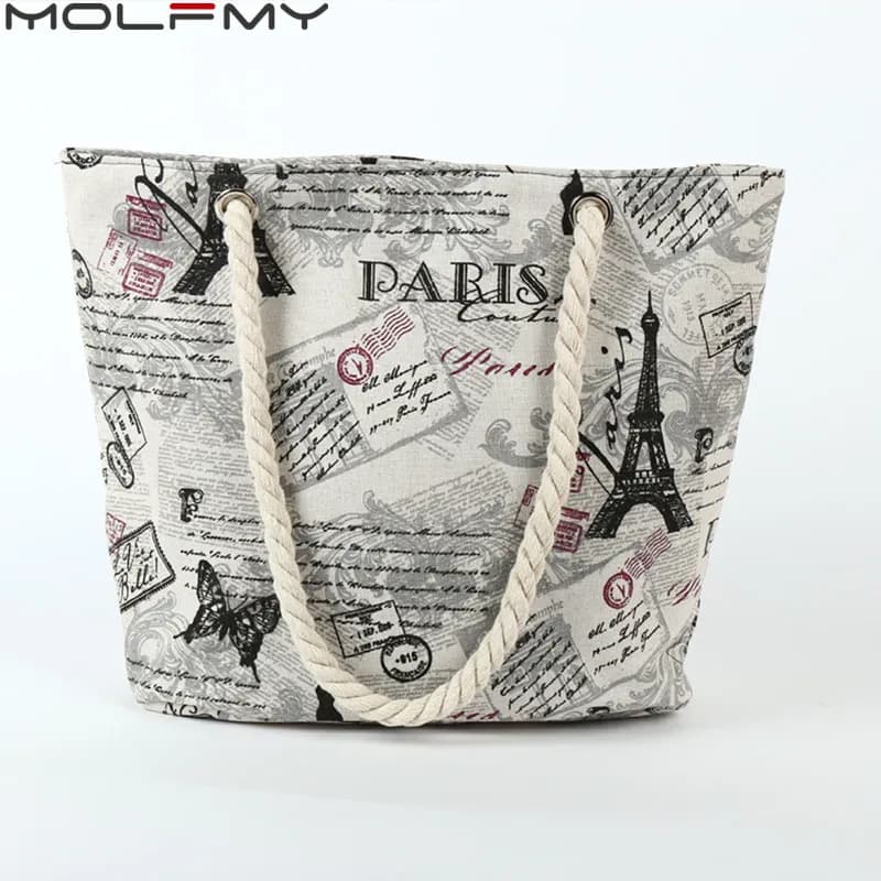 New Ladies Canvas Handbag Large Capacity Paris Tower Printed  Travel Shopping Bag Female Shoulder Crossbody Bag Beach Tote Bags