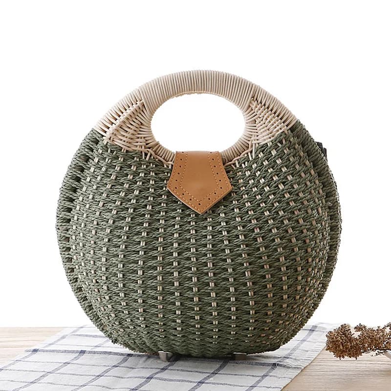 Women's Natural Rattan Handwoven Round Shell Handbag Top-handle Bag Summer Fashion Bohemia Female Casual Tote Clutch Beach Bag