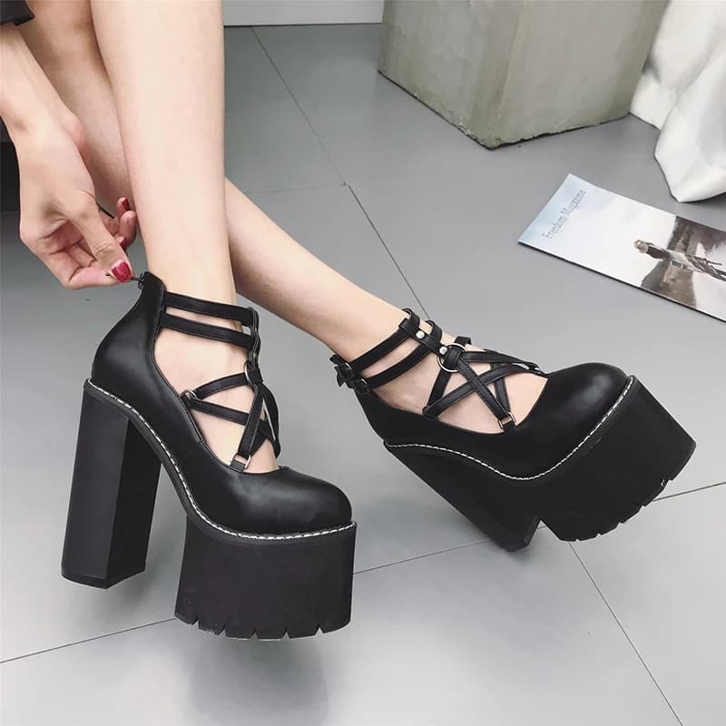 Gdgydh Fashion Women Pumps High Heels Zipper Rubber Sole Black Platform Shoes Spring Autumn Leather Shoes Female Gothic Pentagon - image 3