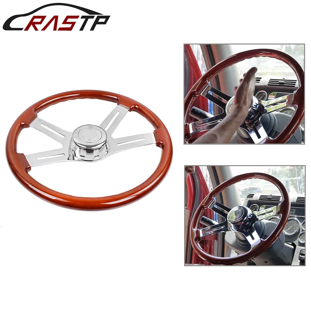 RASTP-455mm 18 Inch Classic Truck Steering Wheel Wooden 3 Electroplated Steel Big Car Classic Wood Grain Finish RS-STW030