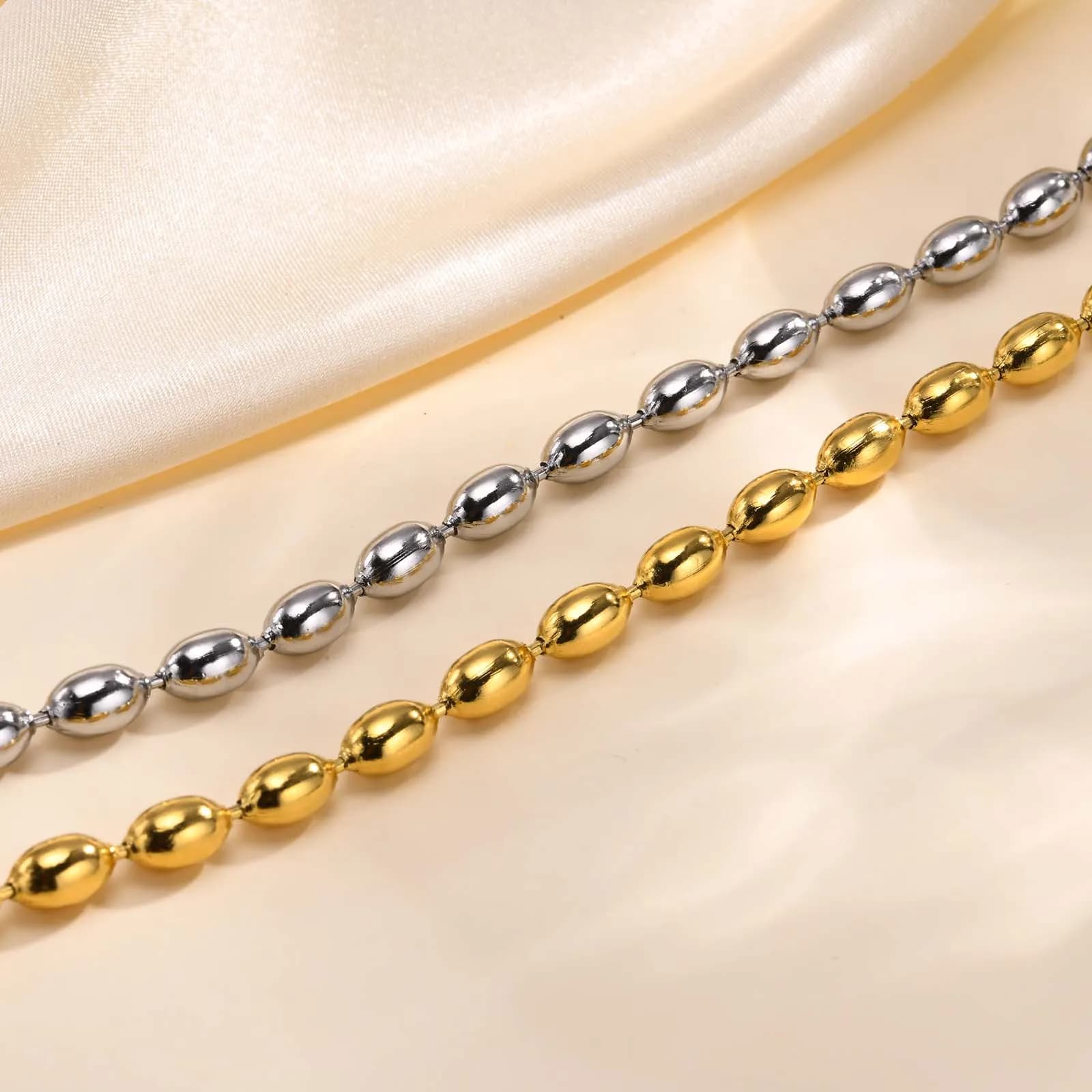 2mm-5mm Oval Beaded Bracelet Stackable,18k Gold Plated Stainless Steel Chain Bangle for Women - image 4