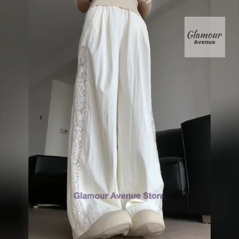 French retro lace design stitching pants women's summer new fashion temperament straight loose wide leg drop casual pants. - image 4