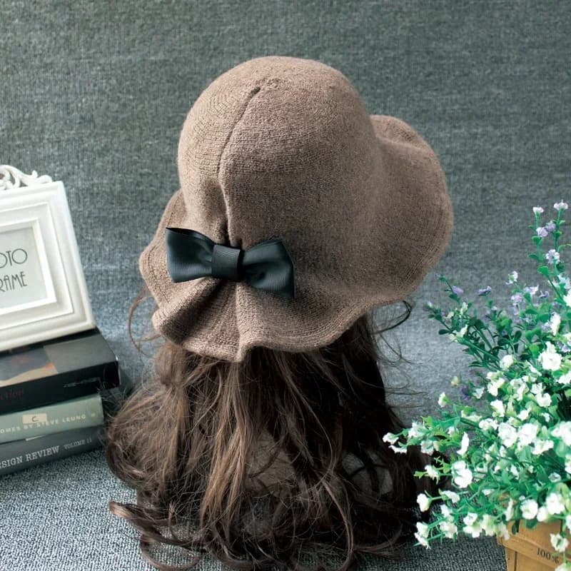 New Vintage Wool Bucket Hats Ladies Bowler Hat Fashion Bows Basin Hat Fisherman Hat Woman Winter Black Coffee Dark Camel Hat - image 4