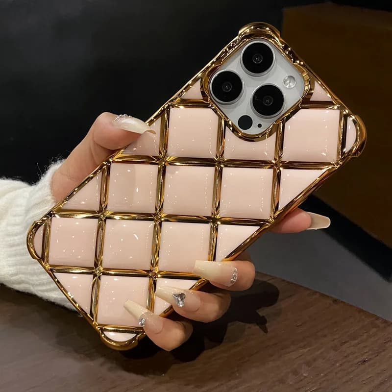 Luxury Plating Diamond Lattice Grid Shockproof Phone Case for iPhone 16 14 13 15 Pro Max Soft Silicone Plated Gold Cover - image 5
