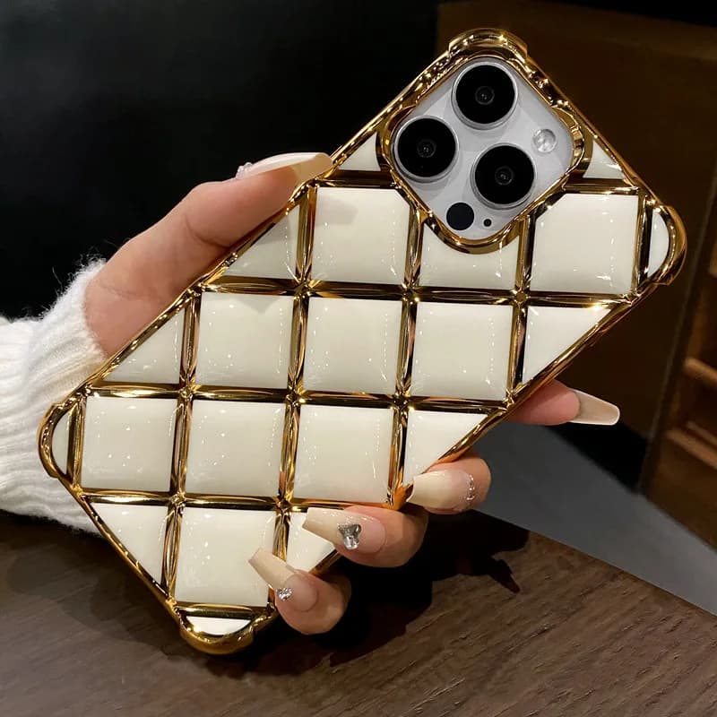 Luxury Plating Diamond Lattice Grid Shockproof Phone Case for iPhone 16 14 13 15 Pro Max Soft Silicone Plated Gold Cover - image 3