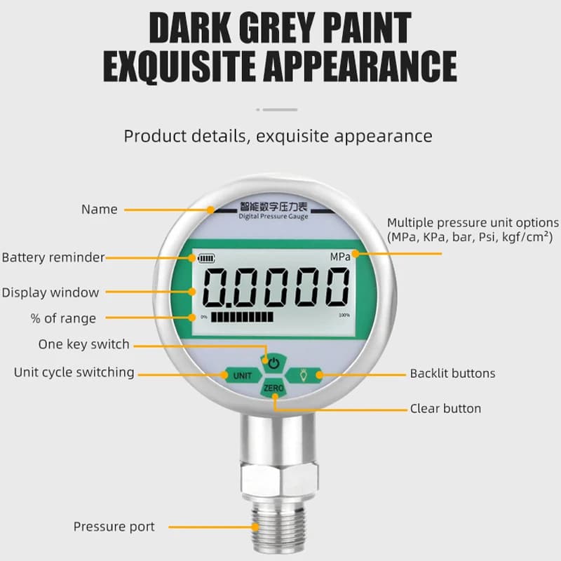 MAIRUIKESI High quality digital Pressure gauges manometer 80mm 0.5%FS 4-digit display 0-100mpa 5-unit mpa,kpa,psi,bar,kg/cm2 - image 5