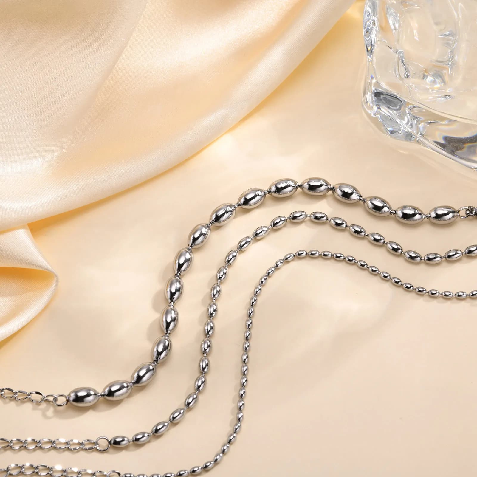 2mm-5mm Oval Beaded Bracelet Stackable,18k Gold Plated Stainless Steel Chain Bangle for Women - image 6