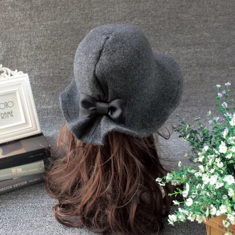 New Vintage Wool Bucket Hats Ladies Bowler Hat Fashion Bows Basin Hat Fisherman Hat Woman Winter Black Coffee Dark Camel Hat - image 5