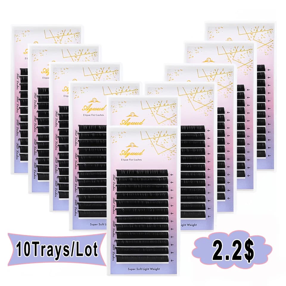 AGUUD 10Trays Ellipse Eyelashes Extension Wholesale Flat Lashes Premium Ellipse Natural Soft Split Tips Cashmere Flat Lashes