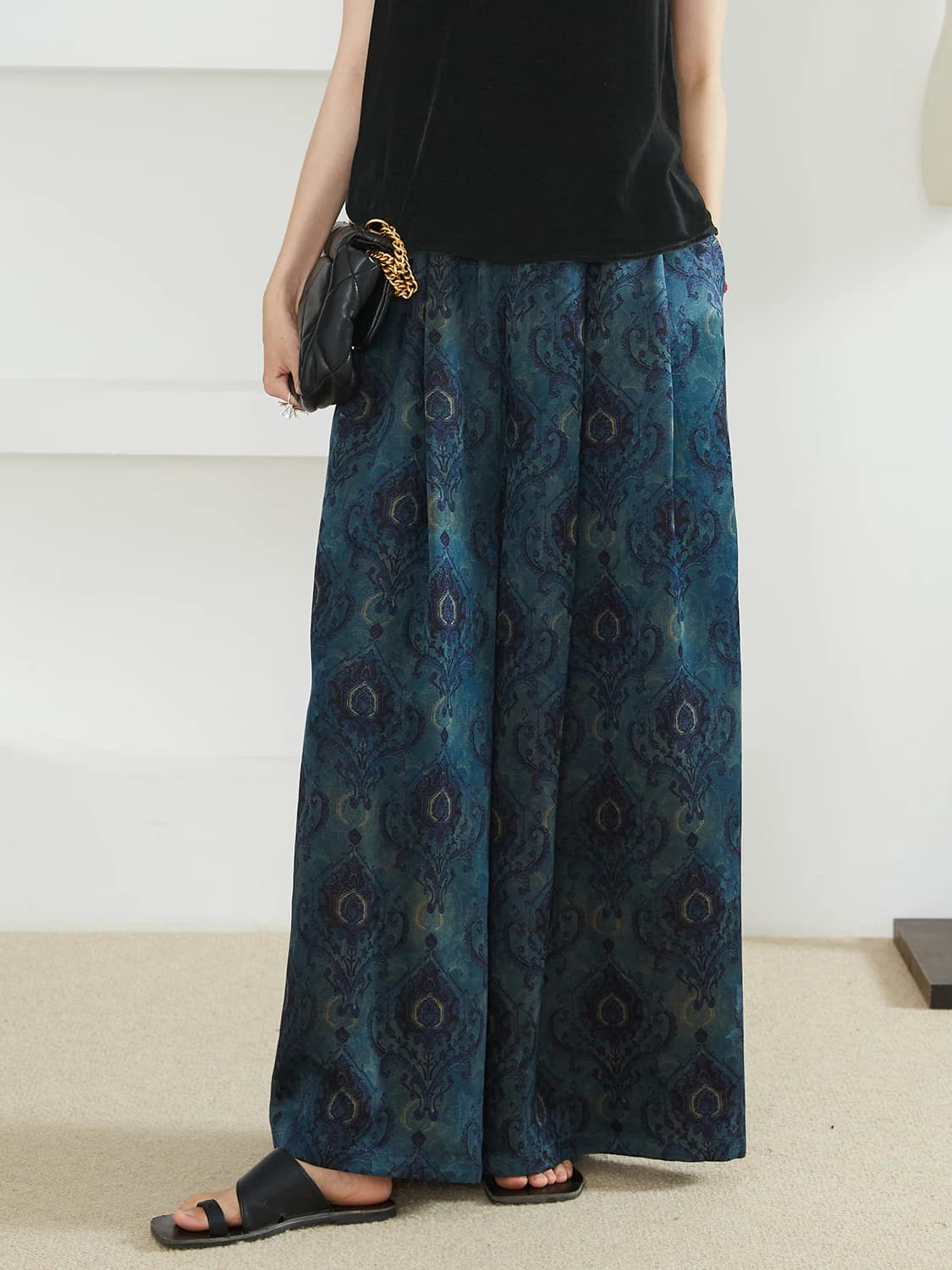 National Style Printed 100% Natural Mulberry Silk Fragrant Cloud Yarn Casual Elastic Waist Women's Fashionable Wide Leg Pants - image 3
