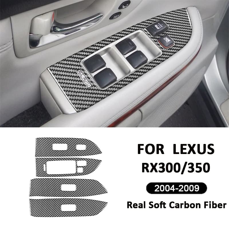 Carbon Fiber Car Power Window Lifter Switch Control Buttons Panel Trim Frame Decoration Sticker For LEXUS RX300 RX350 2004-2009