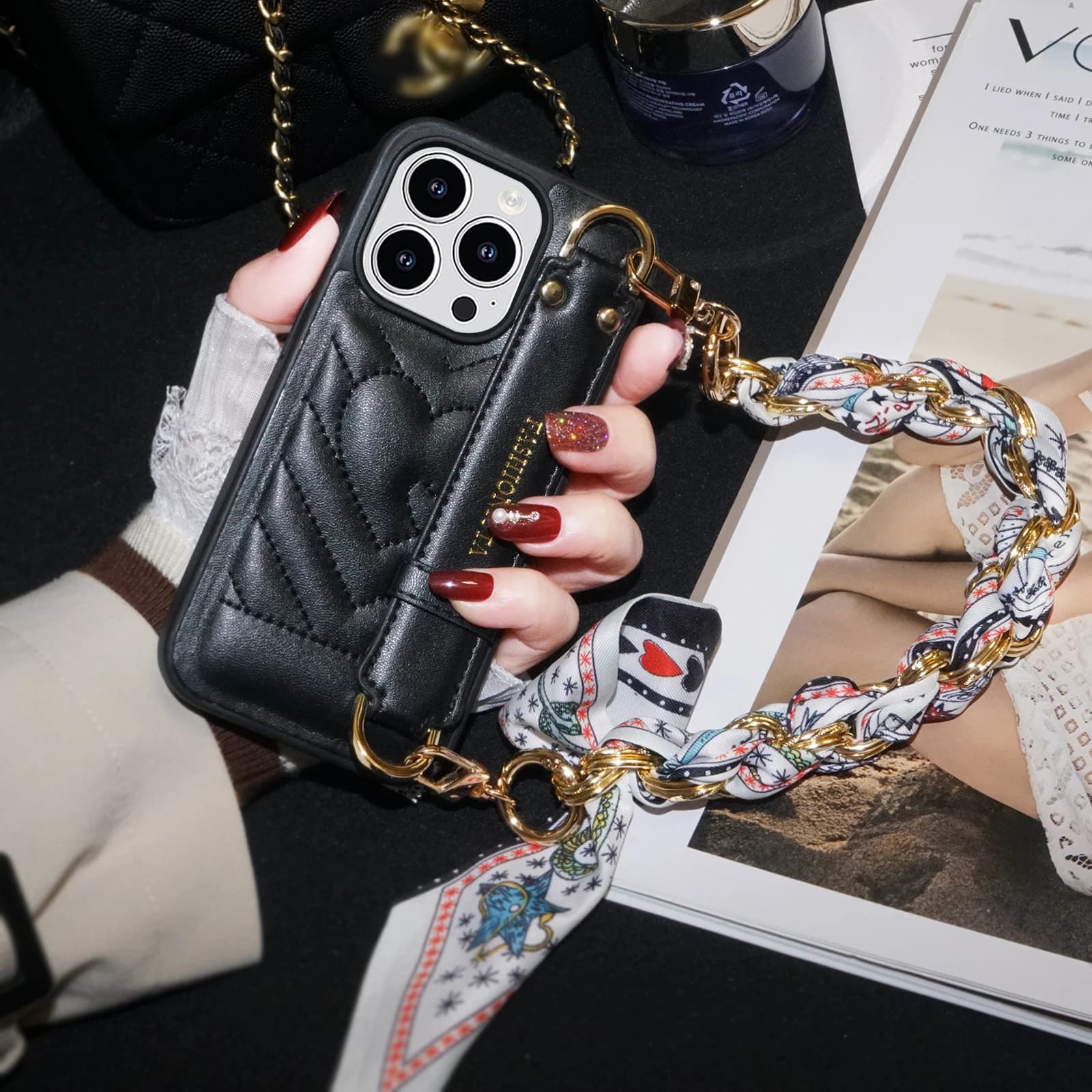 Luxury Leather Case for iPhone 15 14 13 12 11 Pro Max Silk Scarf Strap Love Wristband Stand Hook Microfiber velvet Super-fiber - image 3