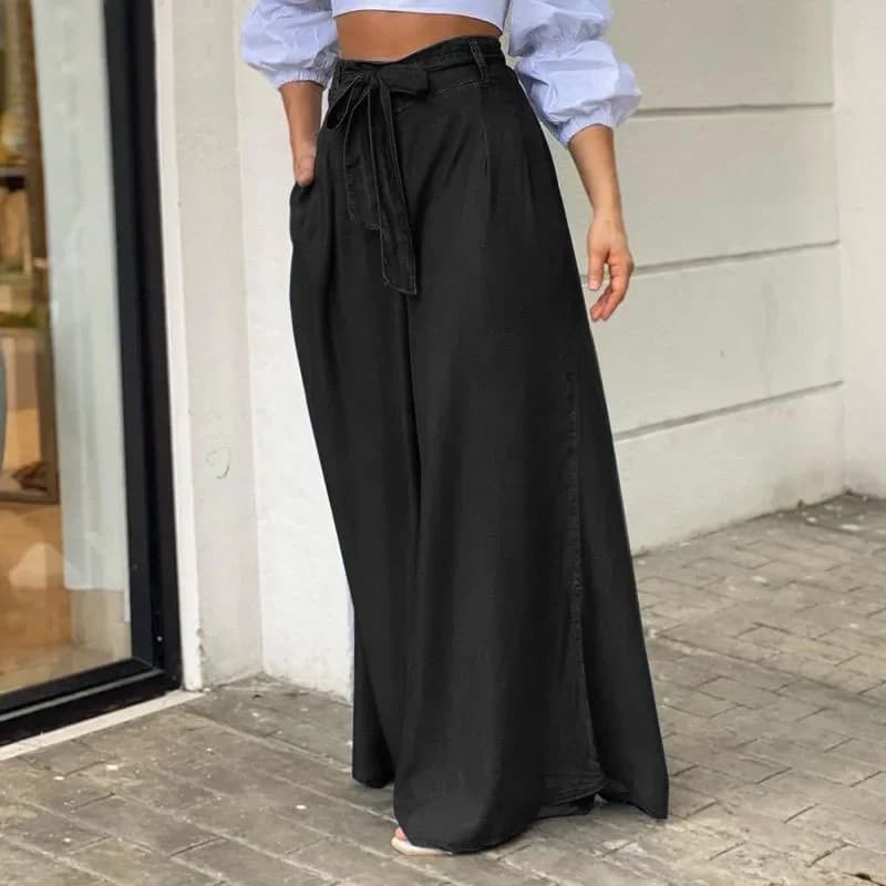 Women Denim Long Loose Wide Leg Pants High Waist Full Length Solid Color Trousers Jeans - image 4