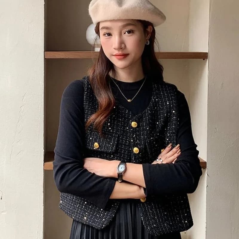 Small Fragrant Black Tweed Vest Spring Autumn Sleeveless Jacket Crop Top Korean Fashion Single-breasted High-end Coat Waistcoat - image 3