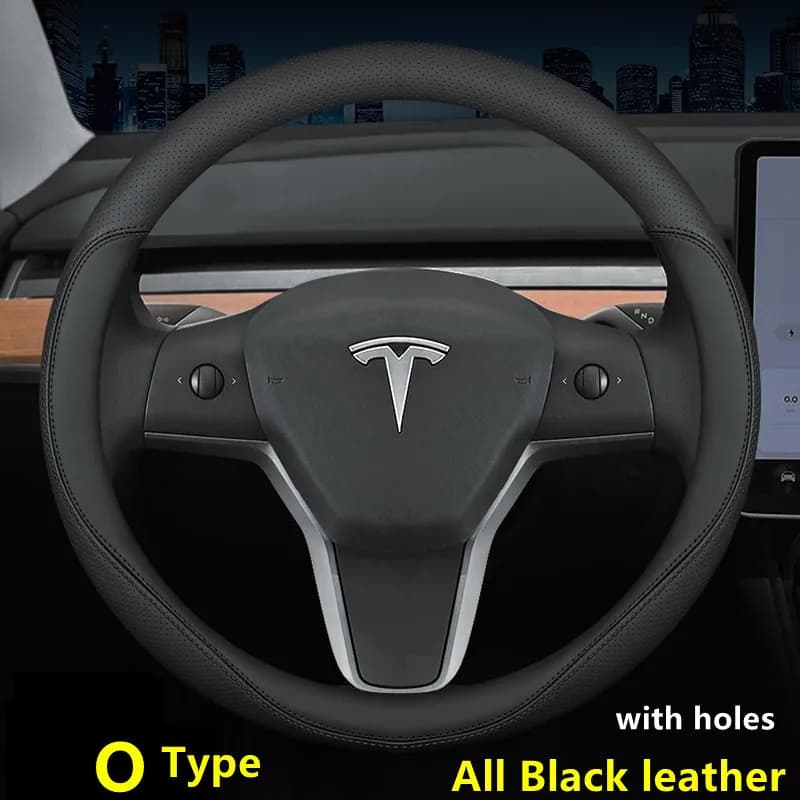 Steering Wheel Cover For Tesla Model 3 Y S X Nappa Leather 4 Seasons 36-39 CM Diameter Black Car Interior Accessories 2017-2024 - image 5