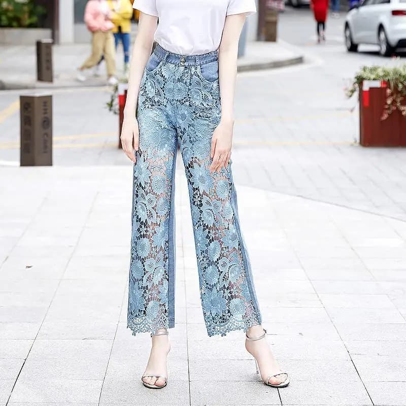 2023 Vintage Vintage Hollowed-out Flower Lace Stitching Women Jeans Summer Cool Trousers Casual High Waist Wide Leg Pants Style - image 3