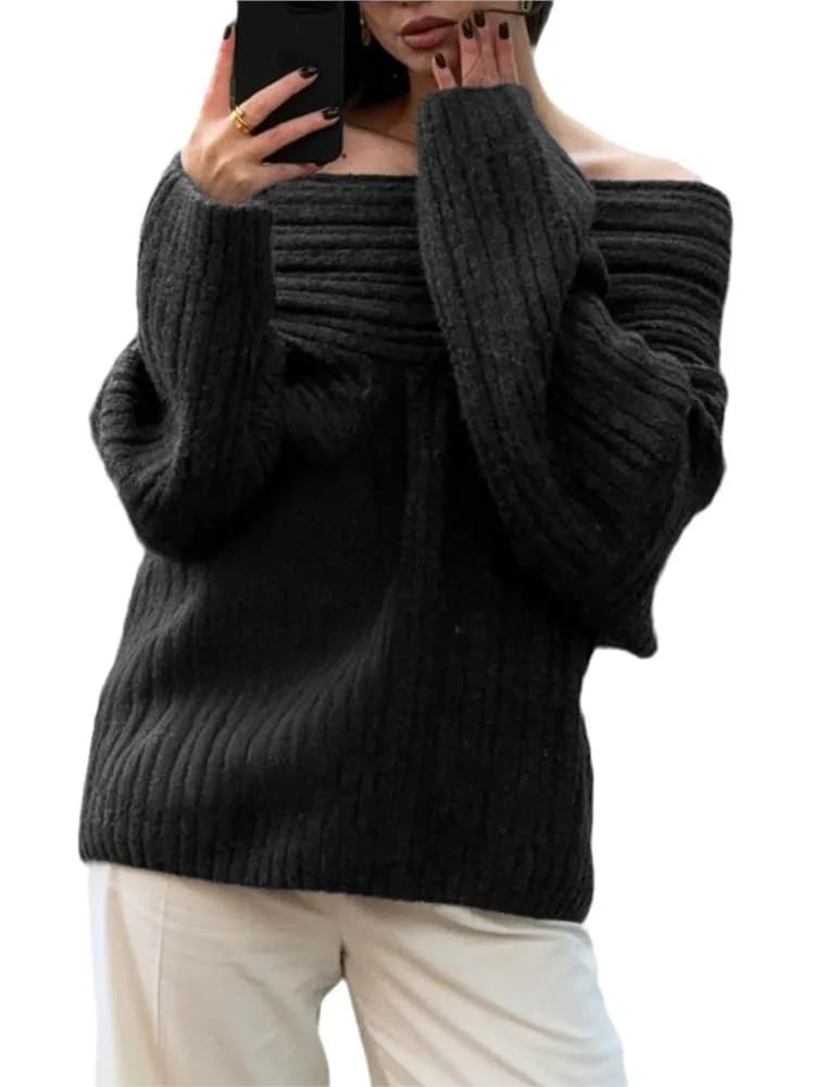 Women Sexy Solid One Neck Ribbed Sweater Fashion Off Shoulder Long Sleeve Knitted Pullover 2024 Autumn Lady Chic Street Knitwear - image 6