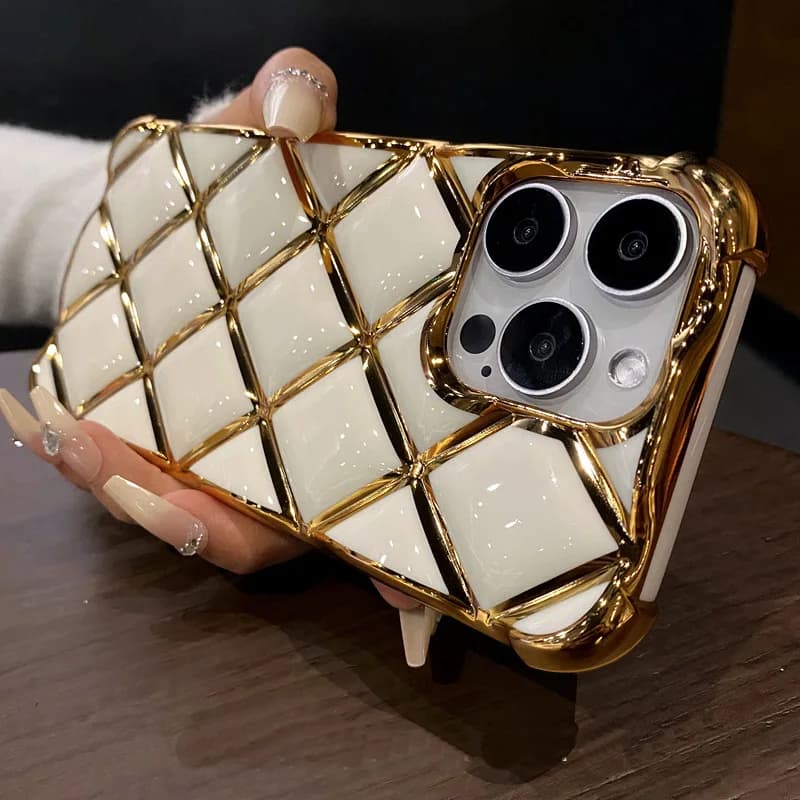 Luxury Plating Diamond Lattice Grid Shockproof Phone Case for iPhone 16 14 13 15 Pro Max Soft Silicone Plated Gold Cover - image 4