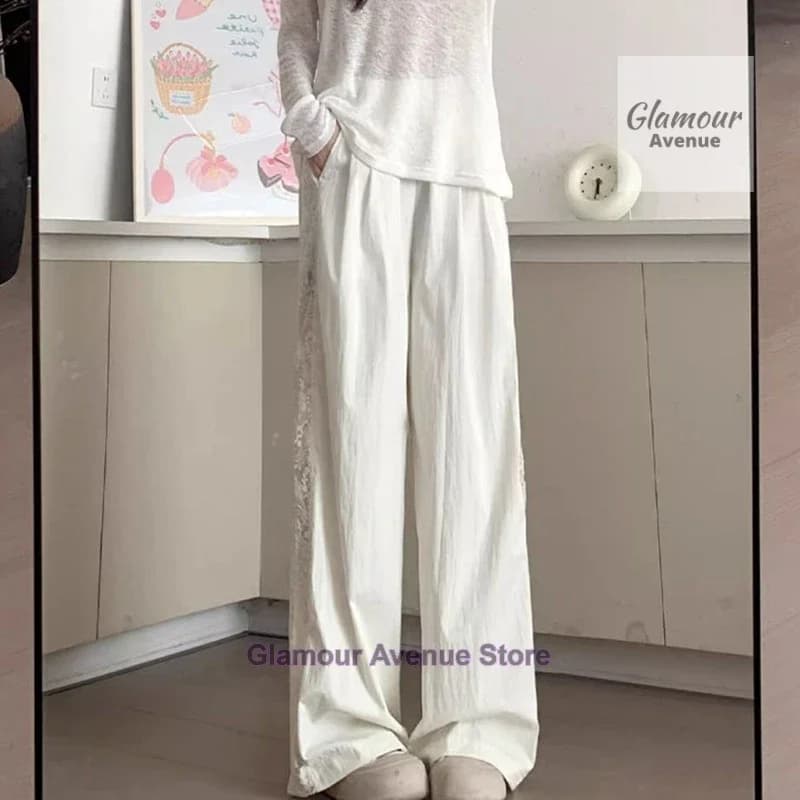 French retro lace design stitching pants women's summer new fashion temperament straight loose wide leg drop casual pants. - image 6
