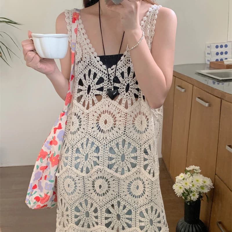 Boring Honey Fashion All-Match Hollow Out Knee-Length Vintage High Street Dress Women V-Neck Beach Style Loose  Thin Dress - image 3