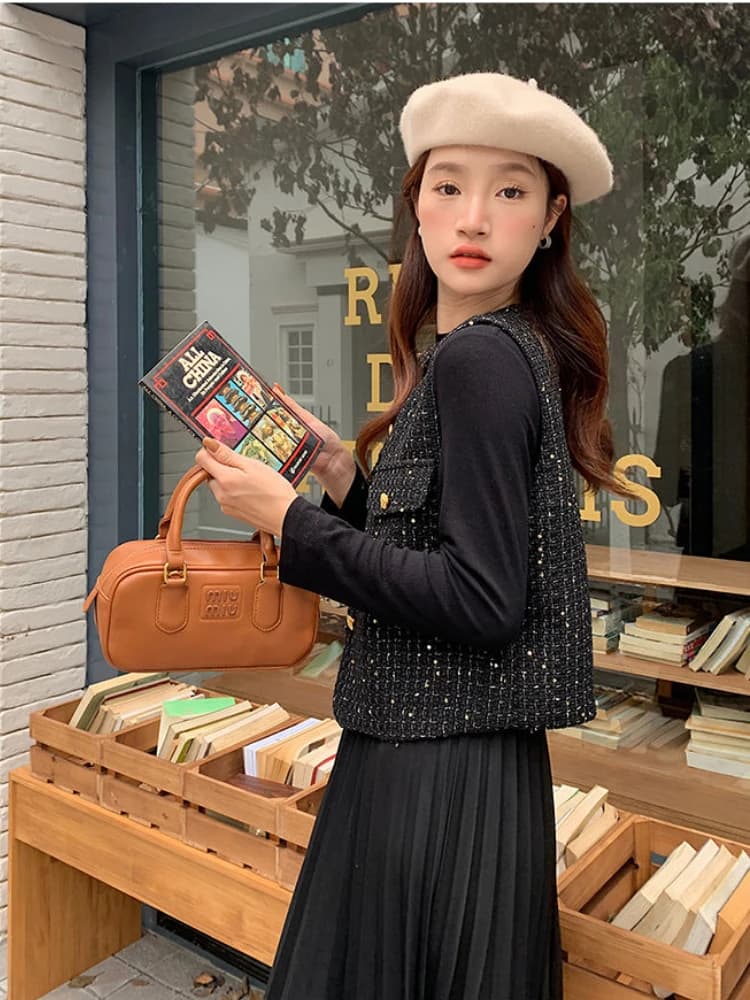 Small Fragrant Black Tweed Vest Spring Autumn Sleeveless Jacket Crop Top Korean Fashion Single-breasted High-end Coat Waistcoat - image 6