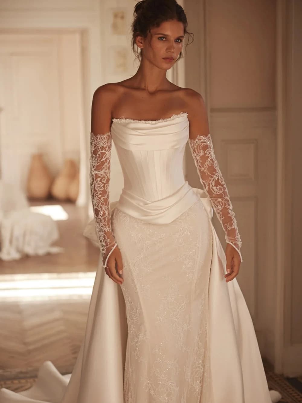 Detachable Satin Train Wedding Dress Structured Corset Beaded Lace Bridal Gown 2026 Customized Elegant Mermaid Dresses For Bride - image 3