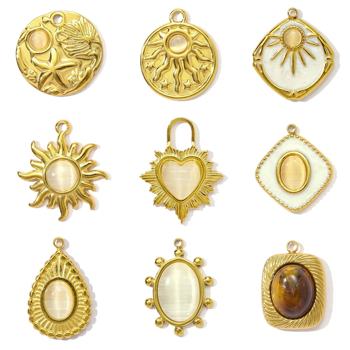 3Pcs/Lot Stainless Steel Natural Stone Charms Geometrical Sun Pendants For DIY Making  Necklace Jewelry Accessory Wholesale