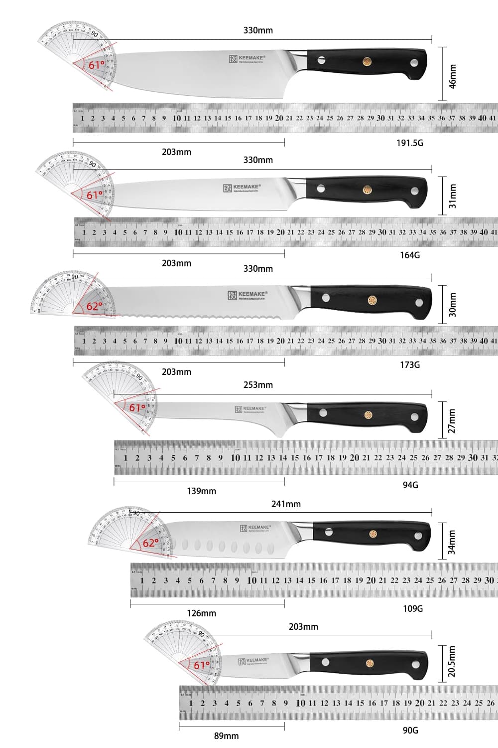 KEEMAKE 6PCS Knife Set German Stainless Steel Blade Cut Sharp Utility Chef's Santoku Bread Slicing Paring Fillet Kitchen Tools - image 3