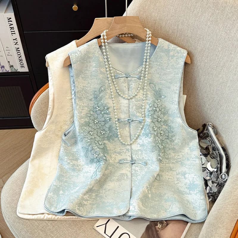 Women's Heavy Beaded Embroidery Vest National Style Comfortable Leisure Temperament round Collar Chinese Top - image 3