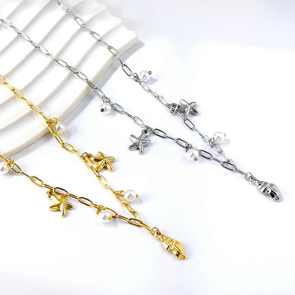 ASONSTEEL Stainless Steel Blue Fishtail Shell Imitation Pearl Starfish Accessories Pendant Necklace Beach Girl Aesthetic Jewelry - image 6