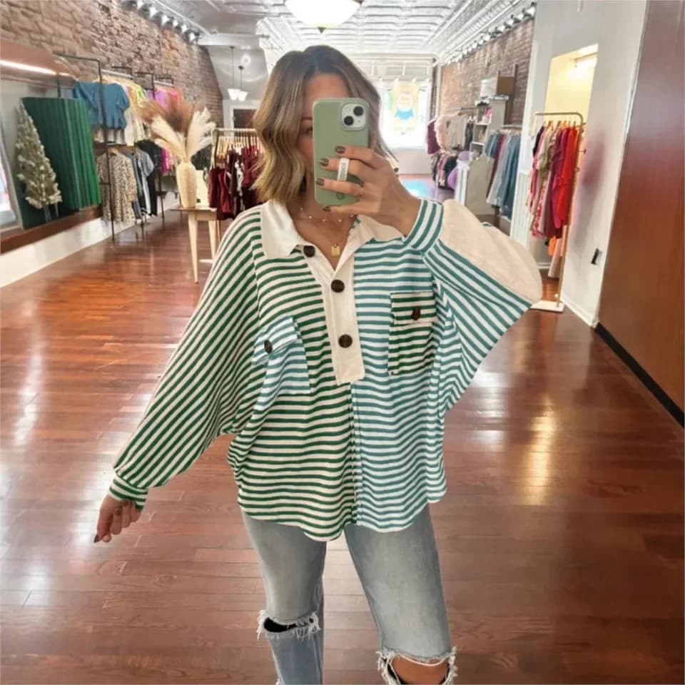 Fashion Printed Striped Polo Shirt Lapel Long-sleeved Women's Top Autumn New Casual Loose Retro And Versatile Female Tops 2025 - image 3