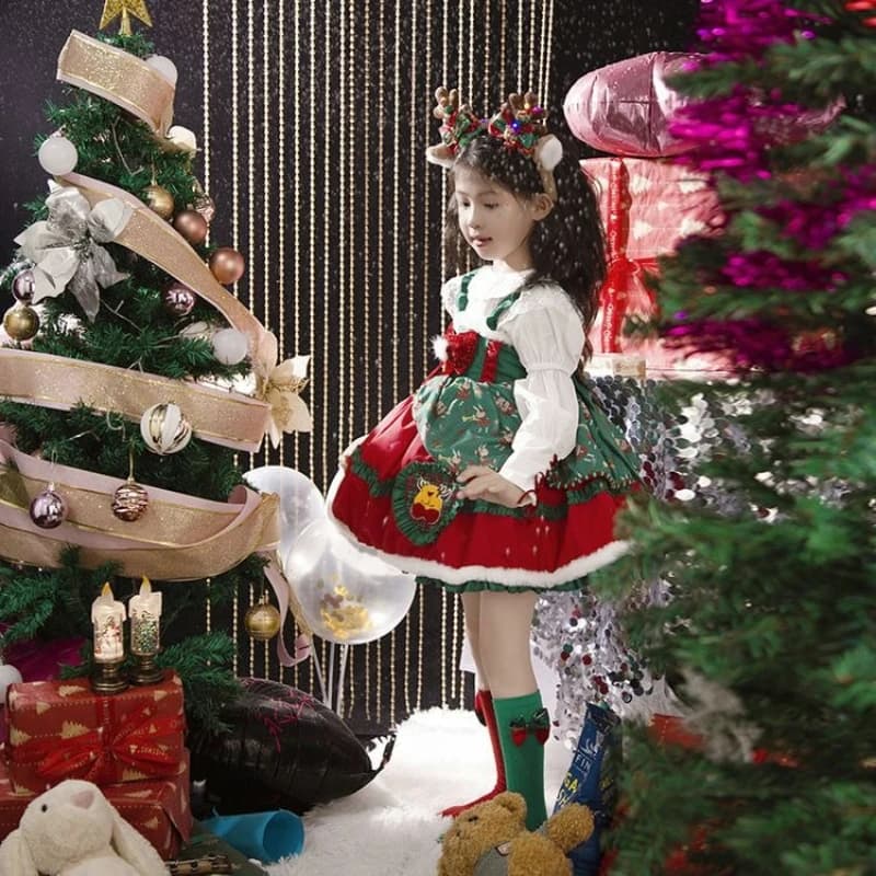 Christmas Girls Lolita Princess Dress Lace Party Bow Decoration Red Costumes Ruffled Tutu Skirt Layered Dress Festival Gift - image 3