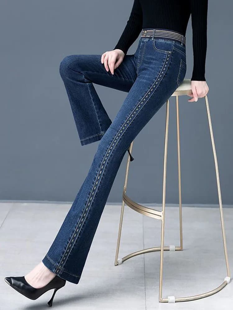 Women Vintage Skinny Stretch Flare Jeans Korean Elastic High Waist Wide Leg Denim Pants Ankle Length Big Size 4xl Kot Pantolon - image 4