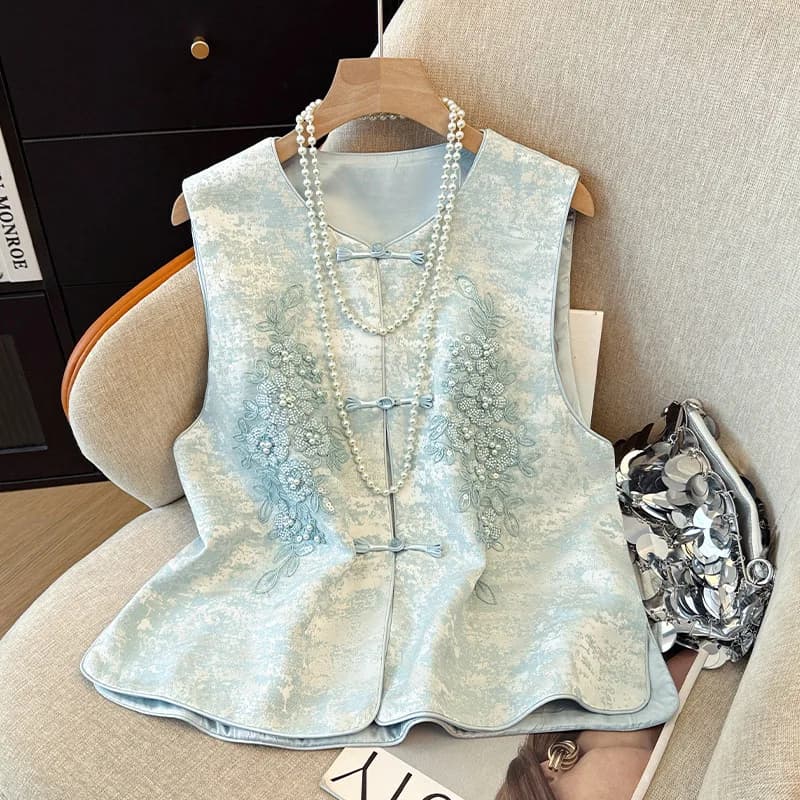 Women's Heavy Beaded Embroidery Vest National Style Comfortable Leisure Temperament round Collar Chinese Top