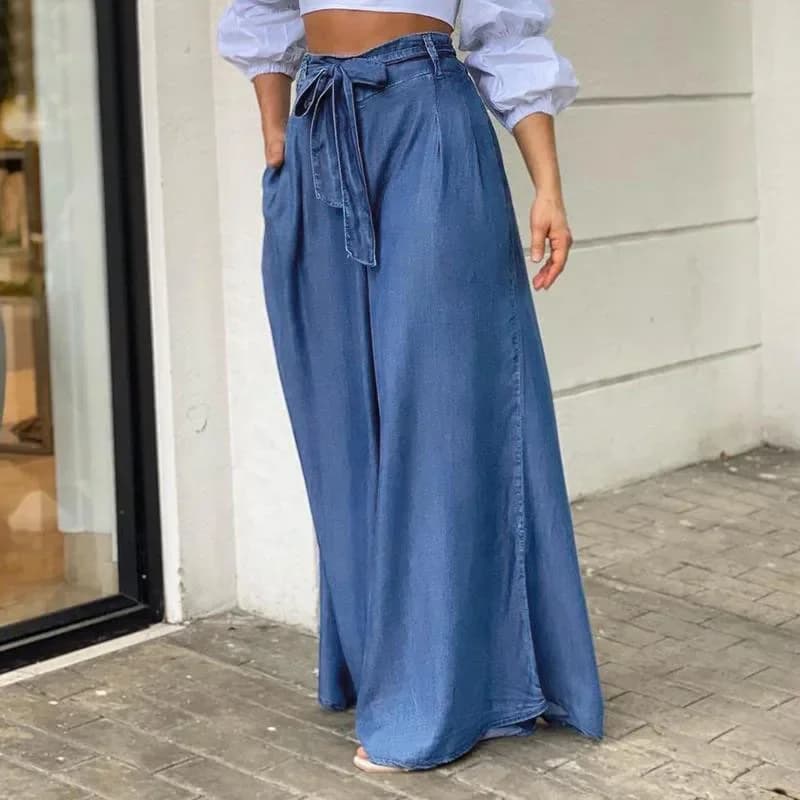 Women Denim Long Loose Wide Leg Pants High Waist Full Length Solid Color Trousers Jeans - image 3