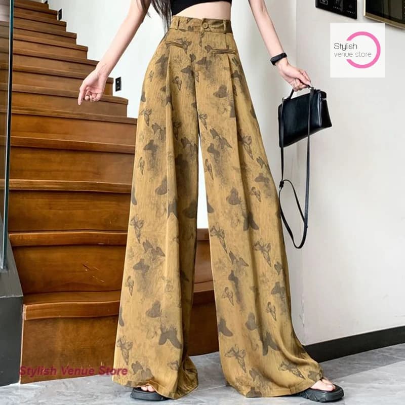 Korean butterfly satin drape relaxed fashion temperament wide-leg pants women's spring and summer high waist slim casual pants.