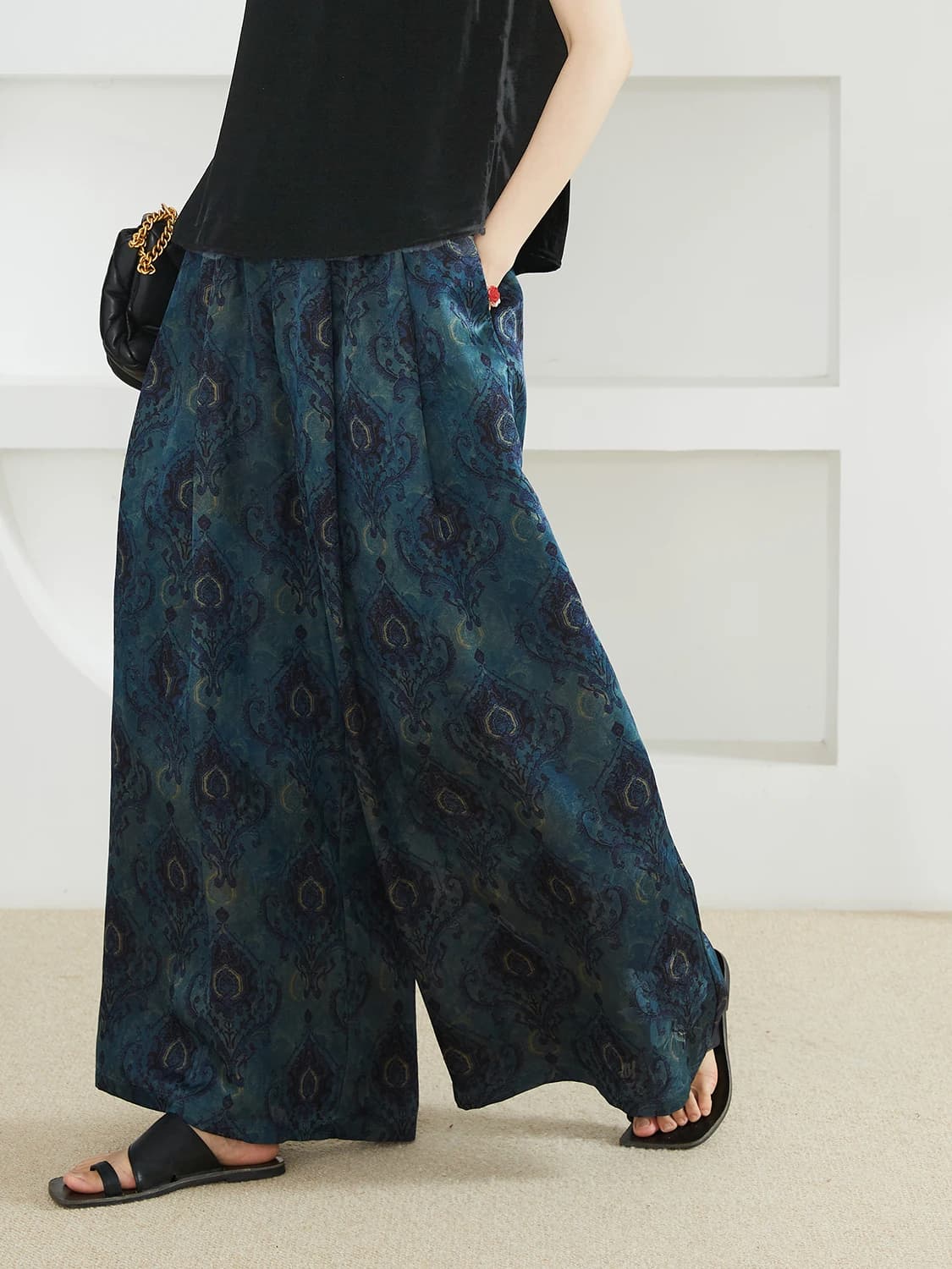 National Style Printed 100% Natural Mulberry Silk Fragrant Cloud Yarn Casual Elastic Waist Women's Fashionable Wide Leg Pants - image 6