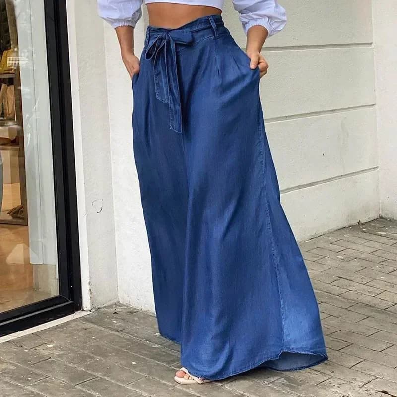 Women Denim Long Loose Wide Leg Pants High Waist Full Length Solid Color Trousers Jeans - image 5