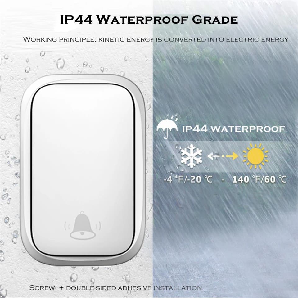 CACAZI Self-powered Waterproof Wireless Doorbell No Battery Chime 150M Remote Home Door Bell US EU UK Plug 1 Button 4 Receiver - image 6
