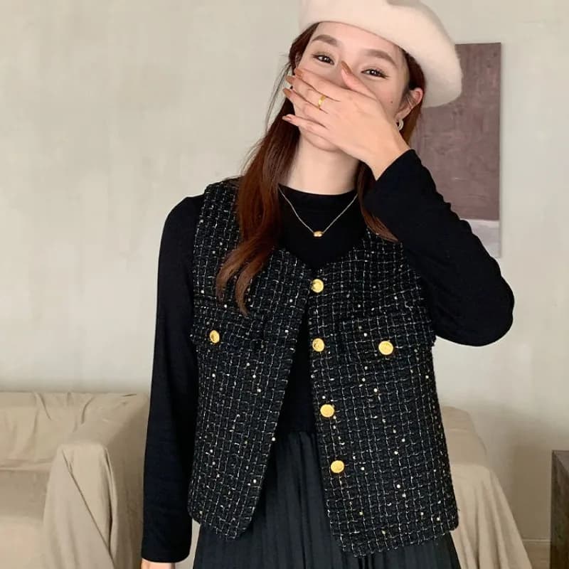 Small Fragrant Black Tweed Vest Spring Autumn Sleeveless Jacket Crop Top Korean Fashion Single-breasted High-end Coat Waistcoat - image 4
