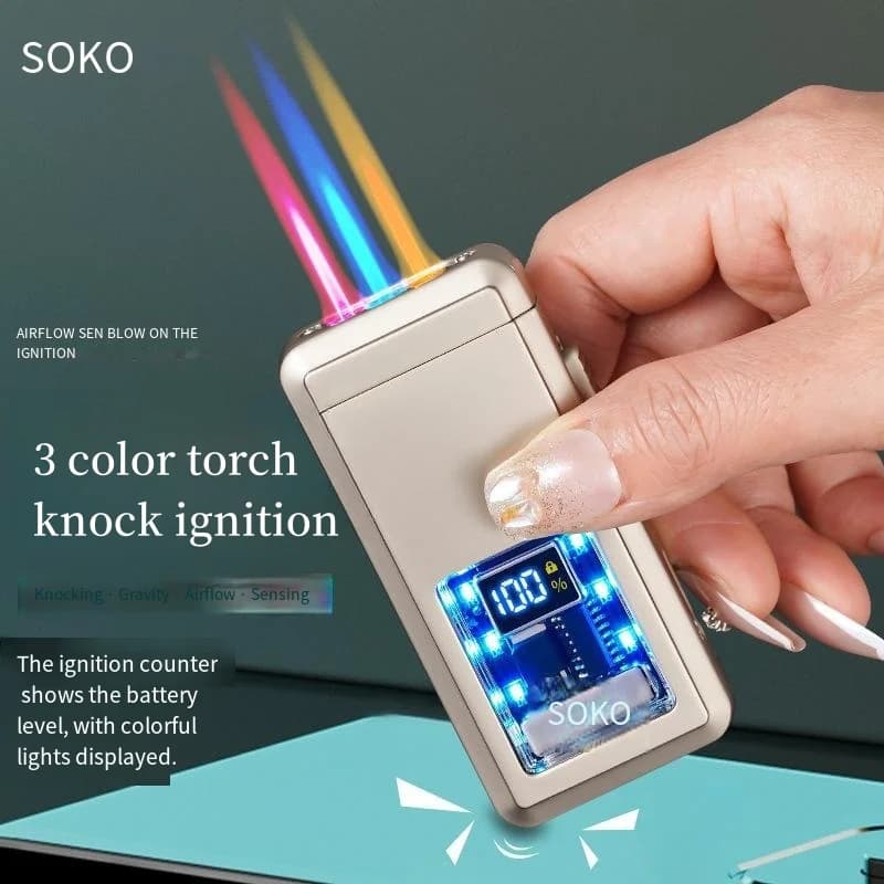 New High Beauty Voice Controlled LED Lighter Three-Color Flame Counting Transparent Visual Movement Inflatable Windproof Lighter