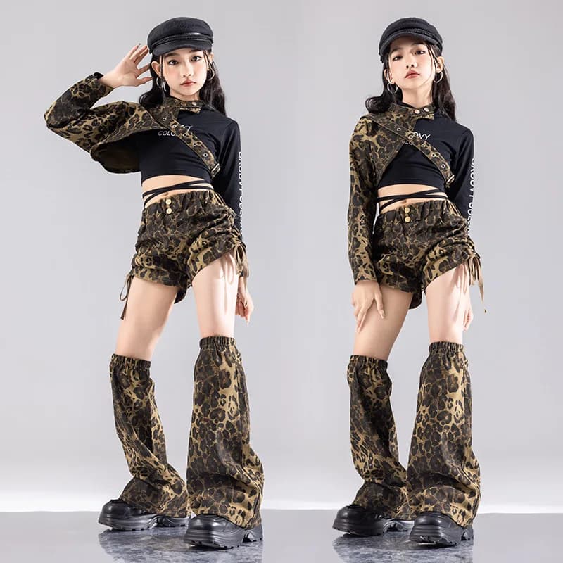 Kid Hip Hop Clothing Leopard Shoulder Sleeve Top Lace up Shorts Leg Warmers Wide Pants for Girl Jazz Dance Wear Costume Clothes