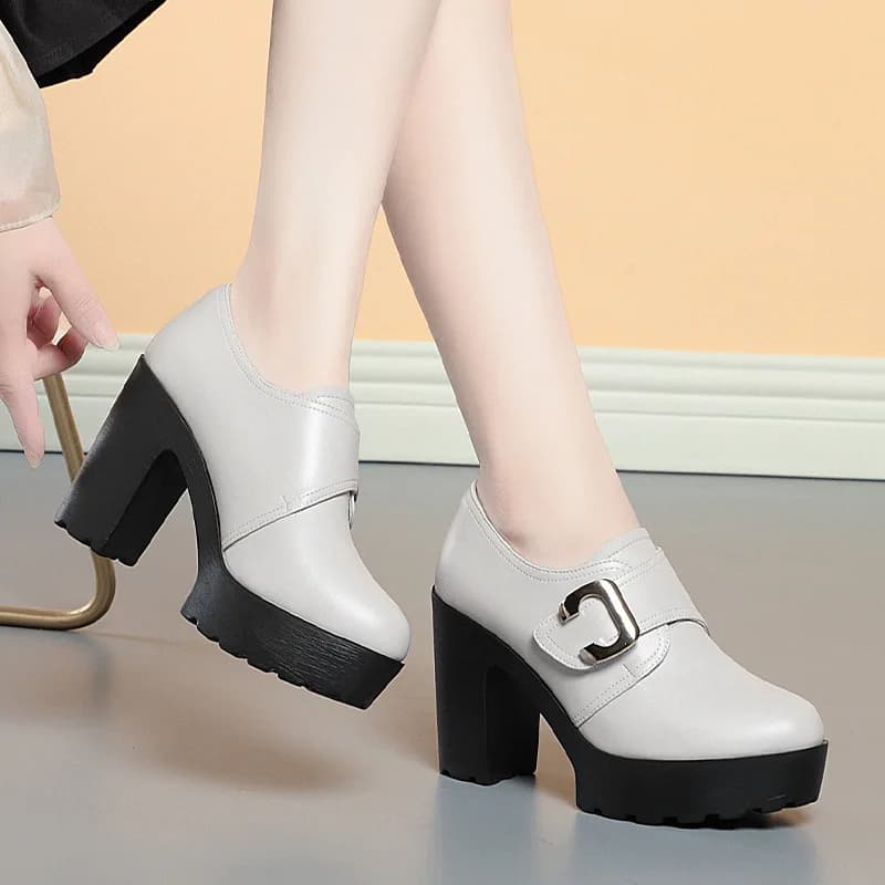 British Style Deep Mouth Soft Leather Chunky Shoes 2024 Spring Block High Heels Shoes Women Oxfords For Office Grace Mode - image 4