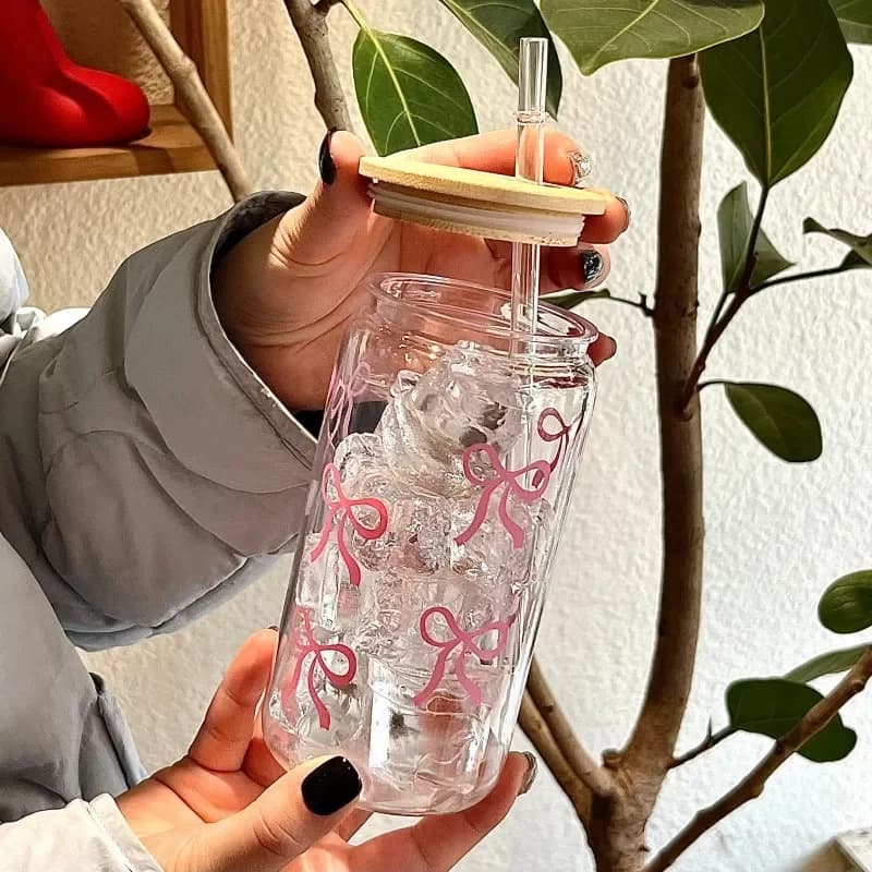 500ml Pink Bow Print Water Bottle Mason Jar Shaped Water Bottle With Lids Plastic Cup Pink Bowknot Tumbler Cup Coffee Juice Cup - image 5