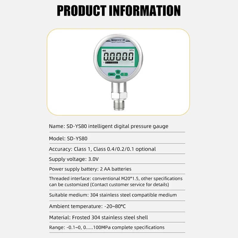MAIRUIKESI High quality digital Pressure gauges manometer 80mm 0.5%FS 4-digit display 0-100mpa 5-unit mpa,kpa,psi,bar,kg/cm2 - image 4