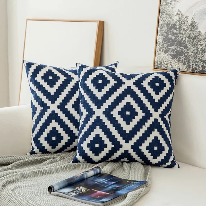 Home Decor Embroidered Cushion Cover Navy Blue/White Geometric Floral Canvas Cotton Suqare Embroidery Pillow Cover 45x45cm - image 3
