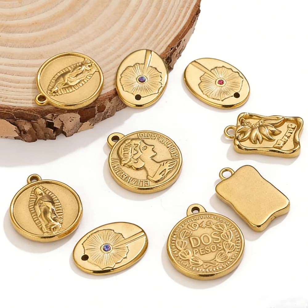 5PCS Religious Vintage Coin Charms Mary Floral Gemstone Pendants 18K Gold Stainless Steel for DIY Necklace Bracelet Jewelry - image 4