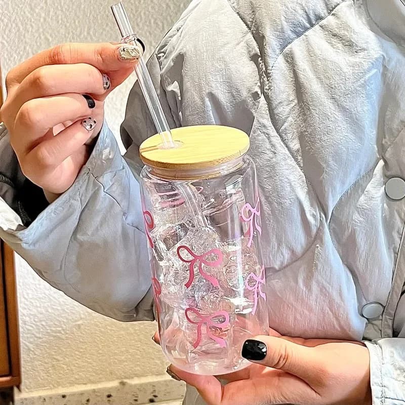 500ml Pink Bow Print Water Bottle Mason Jar Shaped Water Bottle With Lids Plastic Cup Pink Bowknot Tumbler Cup Coffee Juice Cup - image 4
