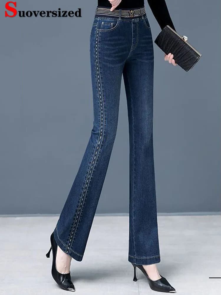 Women Vintage Skinny Stretch Flare Jeans Korean Elastic High Waist Wide Leg Denim Pants Ankle Length Big Size 4xl Kot Pantolon - image 3
